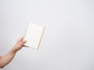 Hand holding diary blank page isolated