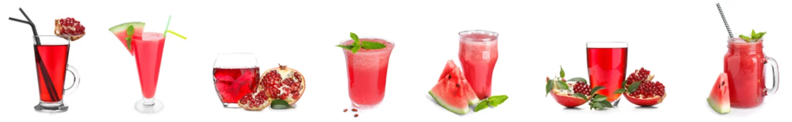 Foto op Plexiglas Set of glasses with tasty pomegranate and watermelon juices on white background © Pixel-Shot