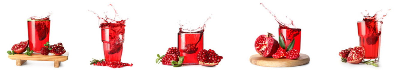Set of glasses with tasty pomegranate juice and splashes on white background