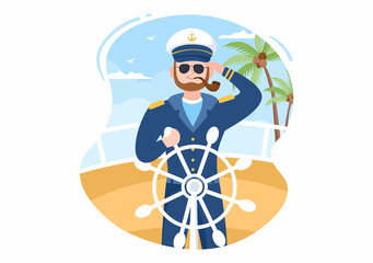 Man Cruise Ship Captain Cartoon Illustration in Sailor Uniform Riding a Ships, Looking with Binoculars or Standing on the Harbor in Flat Design - obrazy, fototapety, plakaty