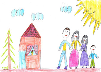 Child drawing of a happy family. Pencil art in childish style