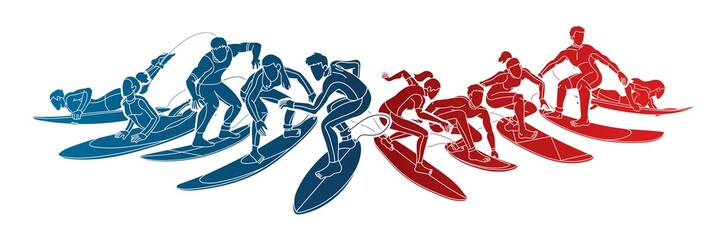 Group of Surfer Action People Surfing Sport Players Cartoon Graphic Vector