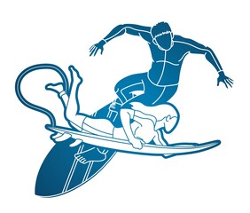 Group of Surfer Action People Surfing Sport Players Cartoon Graphic Vector