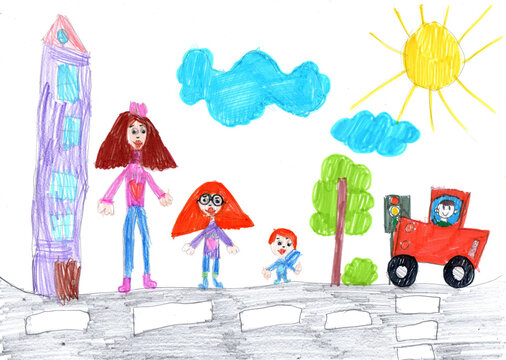 Child drawing buildings and cars. Happy family on a walk. Pencil art in childish style