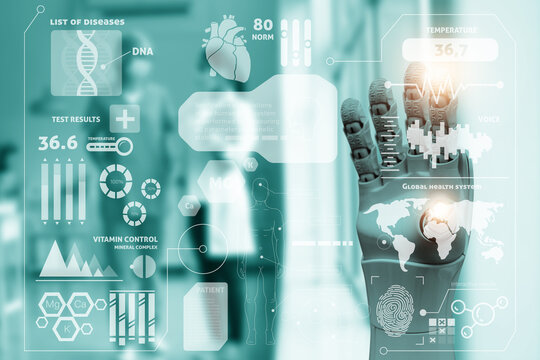 Double exposure of robot hand using virtual screen and blurred doctors in clinic. Innovative technologies in medicine
