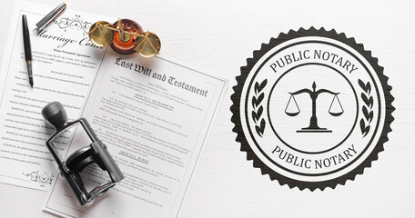 Documents, scales of justice and stamp of public notary on white wooden table, top view