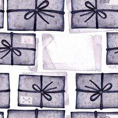 Seamless pattern of postal envelopes and notes on a white background. Mystical mail. Watercolor illustration.