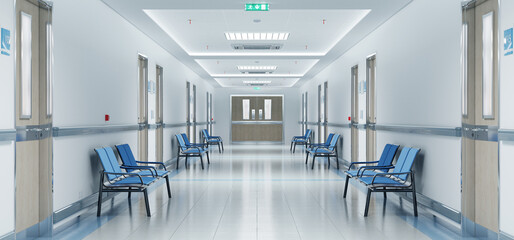 Long white hospital corridor with rooms and seats 3D rendering. Empty accident and emergency interior with bright lights lighting the hall from the ceiling