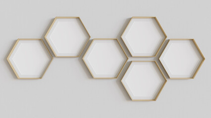 Gold hexagon blank photo frames mockup hanging on interior wall. Hexagonal pictures on painted surface. 3D rendering