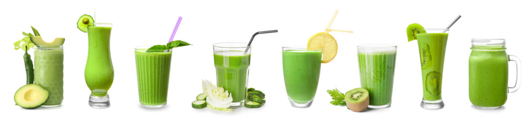 Set of healthy green juices on white background