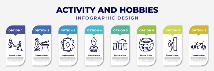infographic template with icons and 8 options or steps. infographic for activity and hobbies concept. included freestyle, knife making, baccarat, read, beer pong, aquarium, rappelling, bmx editable - obrazy, fototapety, plakaty