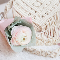 Handmade macrame cotton сross-body bag. Eco bag for women from cotton rope with gentle flower. Scandinavian style bag.  Pink tones, sustainable fashion accessories.