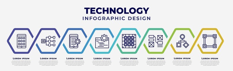 vector infographic design template with icons and 8 options or steps. infographic for technology concept. included native apps, sitemaps, hybrid app, ide, raster images, wireframe, user flow, . - obrazy, fototapety, plakaty