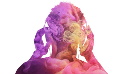 Sound inspiration. Creative music. Double exposure back view color male silhouette in headphones enjoying rhythm in pink yellow smoke cloud isolated on white. - obrazy, fototapety, plakaty