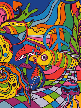 Vector retro colorful psychedelic poster in 1970s style