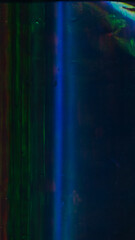 Color glitch overlay. Screen distortion. Distressed filter. Neon blue green red flecks defect dust scratches fingerprints stains texture on dark abstract banner.