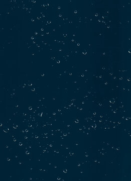 Water drop texture. Wet window overlay. Rain dew pattern. Aqua condensation. Transparent liquid bubbles on blue moist glass abstract background.