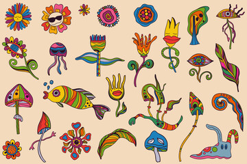 Vector collection of retro colorful stickers in psychedelic 1970s style - obrazy, fototapety, plakaty