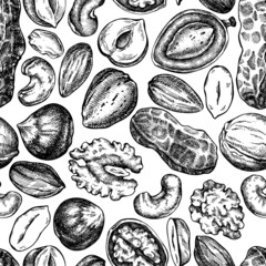 Seamless pattern with black and white cashew, peanut, pistachio, etc.