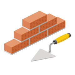 Brick wall masonry, spatula. Vector 3d line isometric, color web icons, new flat style. Creative design idea for infographics.