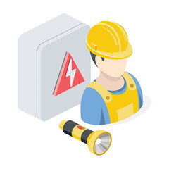 Electrician, lantern, electrical panel. Vector 3d line isometric, color web icons, new flat style. Creative design idea for infographics.