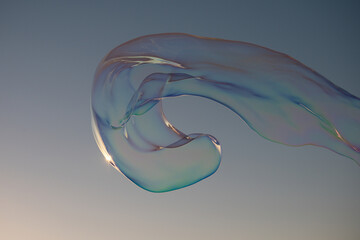 Flying soap bubbles on sky blue background.