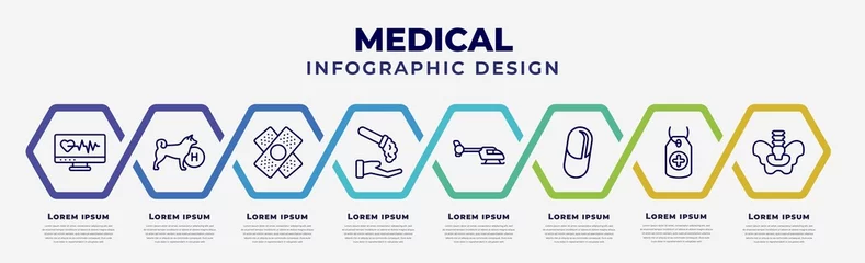 Foto op Plexiglas vector infographic design template with icons and 8 options or steps. infographic for medical concept. included medical heart scan, canine, bandage cross, acid falling on hand, heliport, medical © IconArt