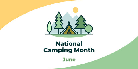 National Camping Month. Vector web banner, poster, card for social media, networks. Text National Camping Month, june. The image of a tent in the forest against the background of mountains.