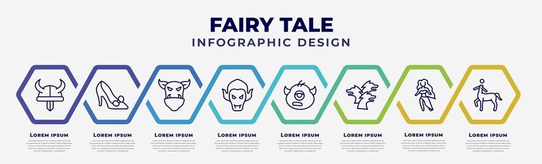 vector infographic design template with icons and 8 options or steps. infographic for fairy tale concept. included viking, cinderella shoe, ogre, vampire, cyclops, cerberus, madre monte, centaur. - obrazy, fototapety, plakaty
