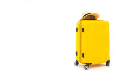 Yellow travel luggage with hat on isolated white background
