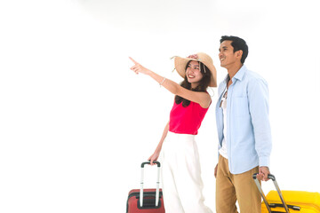 Young adult asian travel couple with luggage on isolated white background