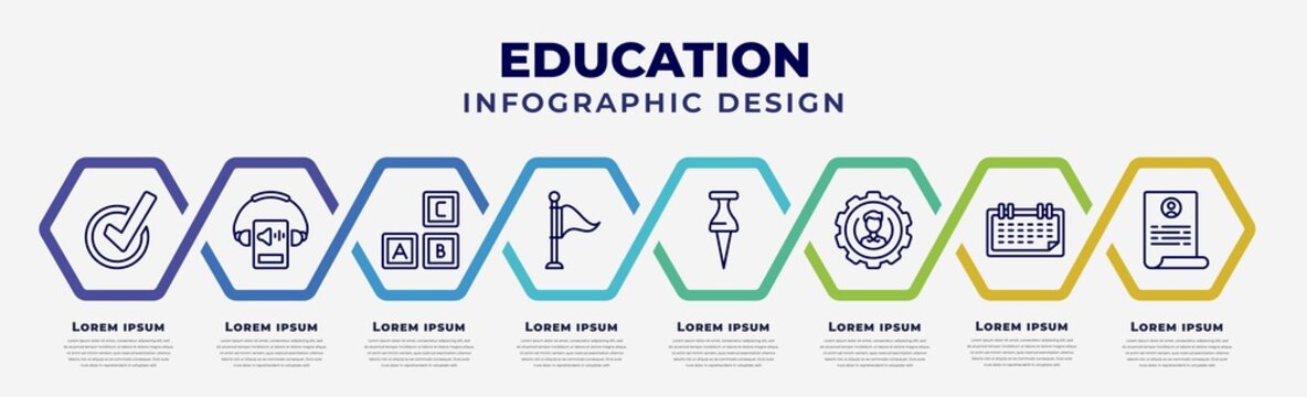 Vector Infographic Design Template With Icons And 8 Options Or Steps. Infographic For Education Concept. Included Check Mark, Audio Book, Creche, Flag Point, Pushpin, Users Tings, Monthly Calendar,