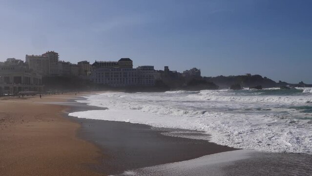 Famous Biarritz beach with ocean waves, Aquitaine, France