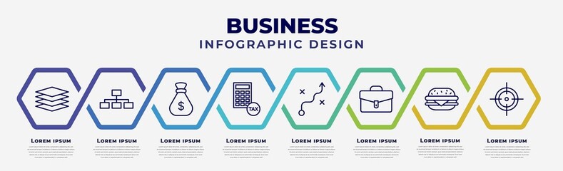 vector infographic design template with icons and 8 options or steps. infographic for business concept. included stack, hierarchy structure, money sack, tax calculate, tactic, business briefcase,