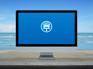 Service fix car with wrench tool flat icon on desktop modern computer monitor screen on wooden table over tropical sea and blue sky with white clouds, Business repair car service online concept