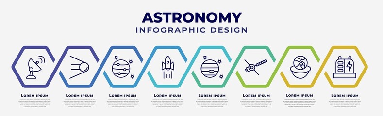 vector infographic design template with icons and 8 options or steps. infographic for astronomy concept. included radar system, sputnik, jupiter with satellite, rocket ship, venus with satellite,