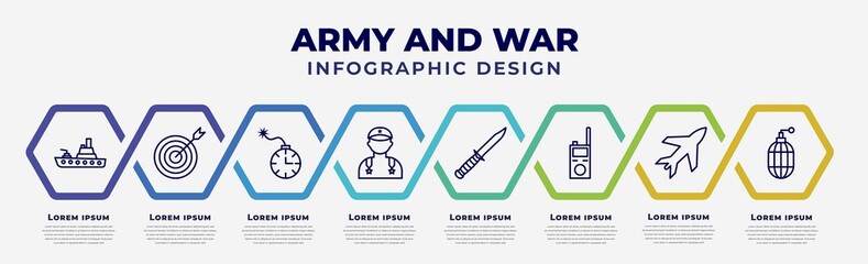 vector infographic design template with icons and 8 options or steps. infographic for army and war concept. included army boat, target, time bomb with clock, general, combat knife, walkie talkie, - obrazy, fototapety, plakaty