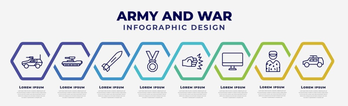 vector infographic design template with icons and 8 options or steps. infographic for army and war concept. included armored vehicle, tank, torpedo, medal, assault, computer, conscription, army car.