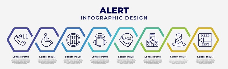 vector infographic design template with icons and 8 options or steps. infographic for alert concept. included 911, handicap, hel, call center, sos, police station, bollard, keep left. - obrazy, fototapety, plakaty