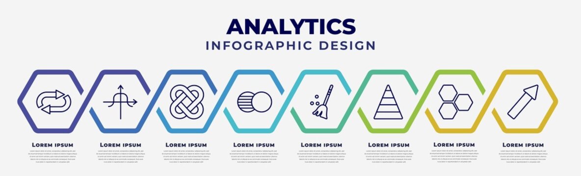 Vector Infographic Design Template With Icons And 8 Options Or Steps. Infographic For Analytics Concept. Included Loop, Tangent, Interlocking, Venn Diagram, Sweep, Pyramid Chart, Hexagon, Arrows.