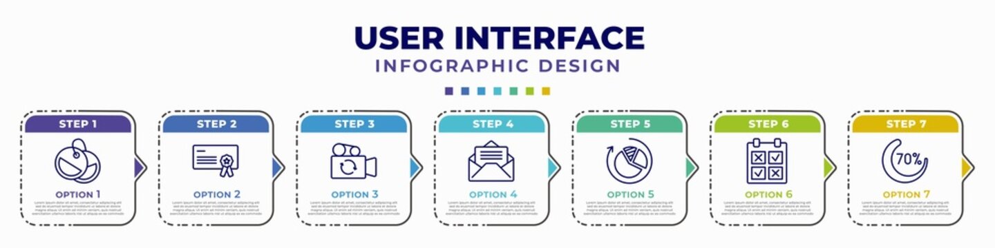 infographic template with icons and 7 options or steps. infographic for user interface concept. included labels, rectangular certificate, switch video, open mail, reload pie chart, comparision