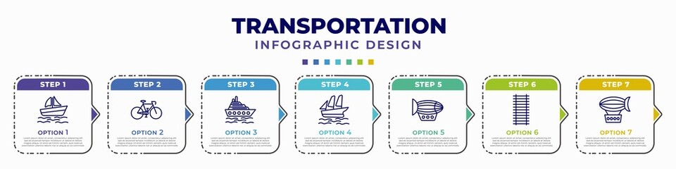 infographic template with icons and 7 options or steps. infographic for transportation concept. included pt boat, vintage bicycle, cruiser, schooner, dirigible, railway line, zeppelin editable © IconArt