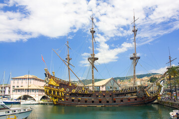 Galleon Neptun in Porto antico in Genoa. It is a ship replica of a 17th century Spanish galleon built in 1985 for Roman Polanski's film Pirates, Italy