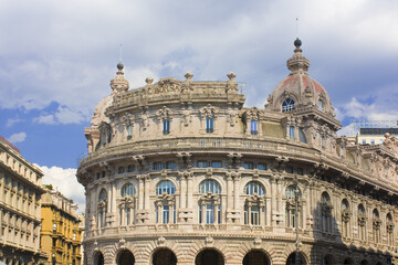Fototapeta na wymiar Palazzo della Borsa, built in 1912 by the architect Alfredo Coppede, on Ferrari squre in Genoa, Italy