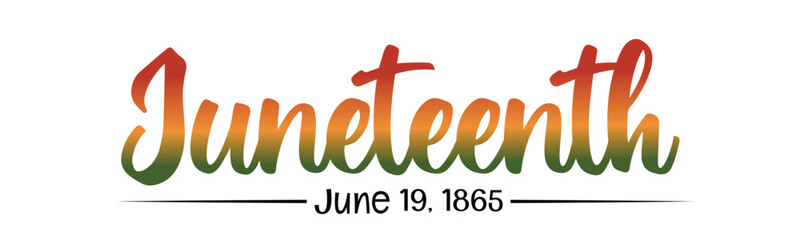 Juneteenth, June 19, 1865 text lettering logo. Cute script Typography logo design with gradient for greeting card, poster, banner. Vector illustration isolated on white background - obrazy, fototapety, plakaty