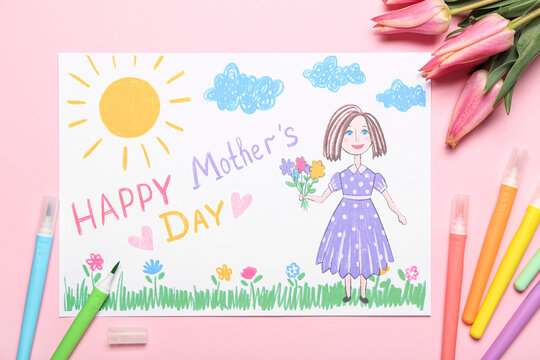Picture with text HAPPY MOTHER'S DAY, felt-tip pens and tulips on pink background