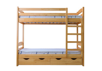 lacquered wooden bunk bed with mattresses.
