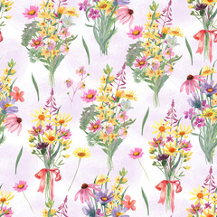 Seamless pattern with wildflowers bouquets . Watercolor hand painted illustration. Great for fabrics, wrapping papers, wallpapers, covers. Summer textile print.