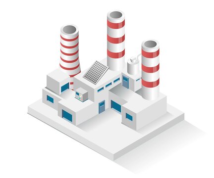 Isometric design concept illustration. industrial buildings with chimneys equipped with solar panels