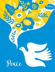 Dove of peace and flowers. Sumbol of peace. Ukraine flag colors - 504093535
